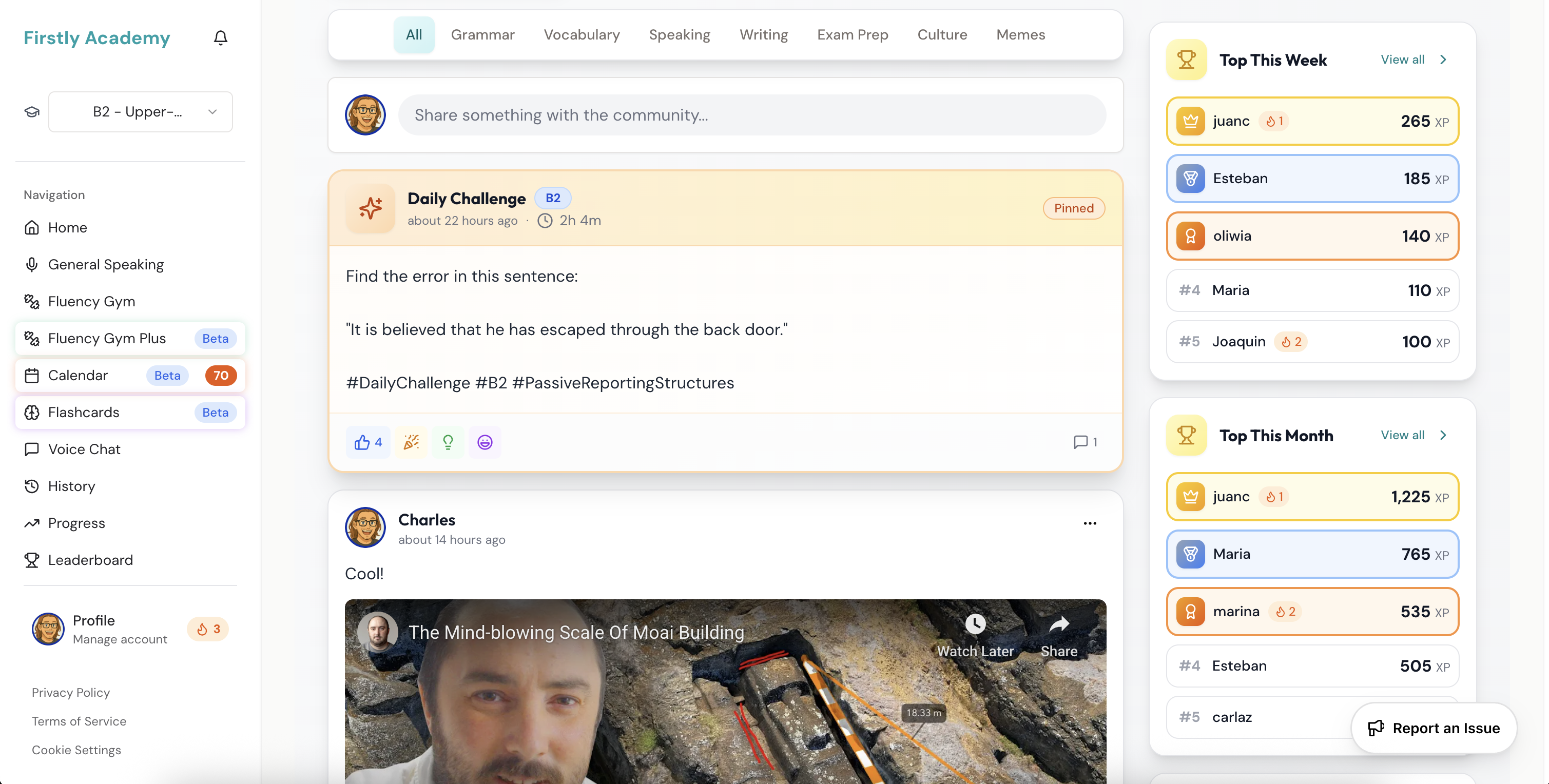 Community platform V1 showing the feed, leaderboard, and member profiles